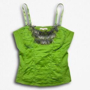 Lime Green Ruched Beaded Fringe Camisole Top with Smocked Back and Straps